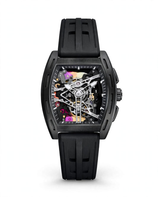 Men’s Luxury Barrel Shape Skeleton Quartz Watch – Retro Fashion Wristwatch with Silicone Strap
