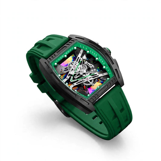 Men’s Luxury Barrel Shape Skeleton Quartz Watch – Retro Fashion Wristwatch with Silicone Strap