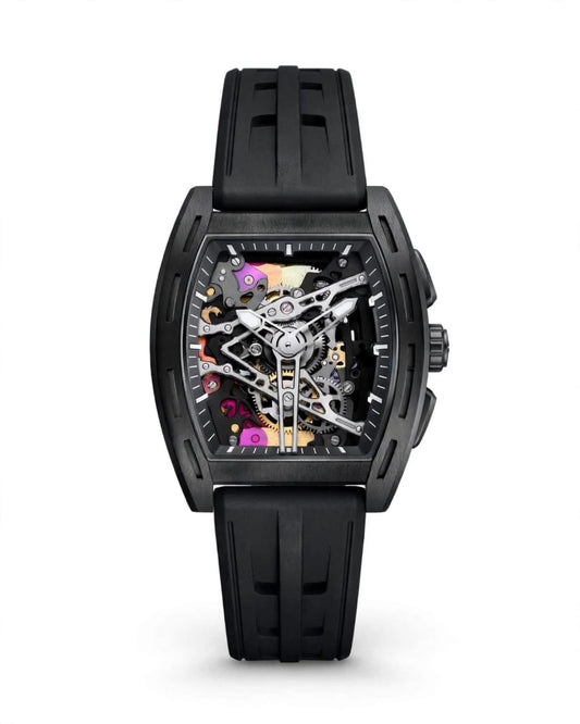 Men’s Luxury Barrel Shape Skeleton Quartz Watch – Retro Fashion Wristwatch with Silicone Strap